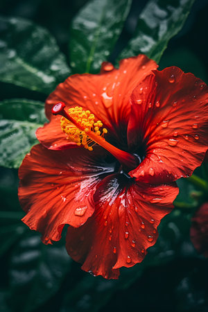 Beautiful red hibiscus flower with raindrops on the petals.の素材