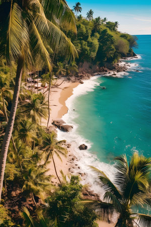 Aerial view of beautiful tropical beach with coconut palm trees. Nature backgroundの素材