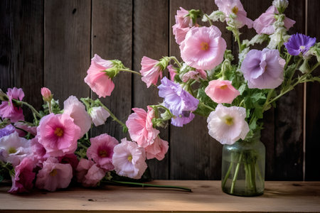 Bouquet of pink and purple mallow flowers in a glass vase on a wooden backgroundの素材