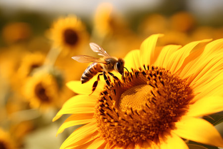 Bee collecting pollen from sunflower. Sunflower field with bee.の素材
