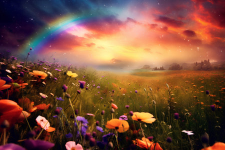 Beautiful fantasy landscape with meadow and rainbow. Composition of nature.の素材