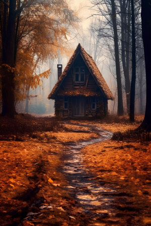 Wooden house in the autumn forest. Photo in old color image styleの素材