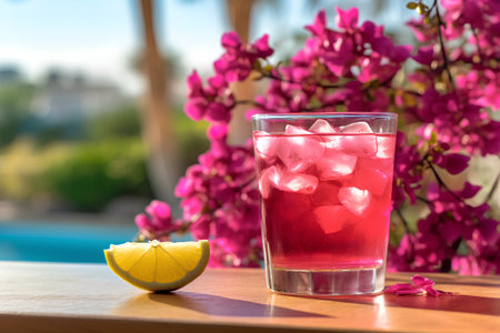 Refreshing lemonade with ice in a glass on the background of pink flowers.の素材