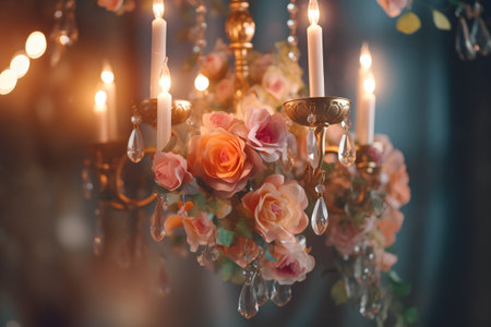 Beautiful luxury crystal chandelier with roses and candles in dark roomの素材