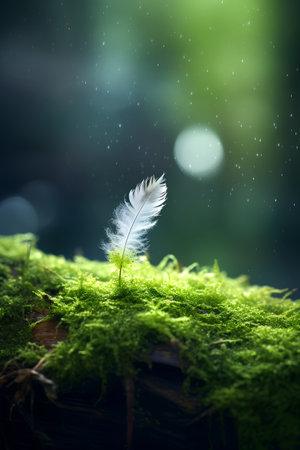 Feather on moss with bokeh background, 3d renderの素材