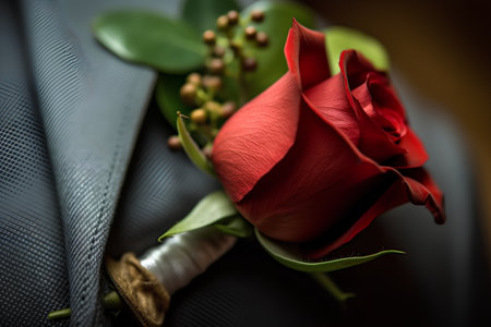 wedding boutonniere with red rose on a black backgroundの素材