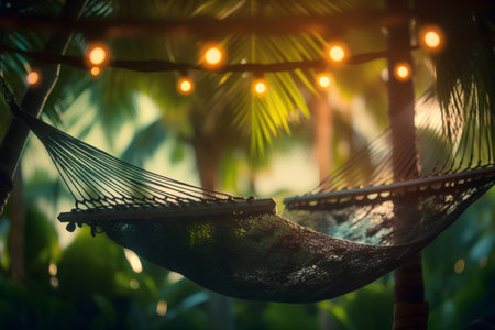 Hammock in the garden with bokeh lights. Vintage toneの素材