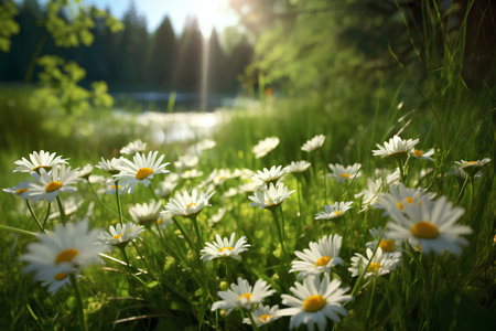 Daisy flowers in the meadow. Beautiful nature scene with daisies.の素材