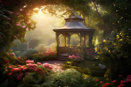 Gazebo in the garden at sunset. 3d renderingの素材