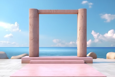 pink entrance to the beach with stone arch and blue sky backgroundの素材