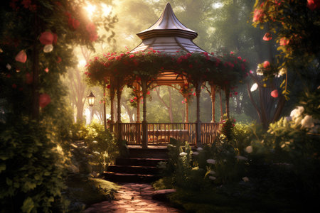 gazebo in the garden at sunset. 3d renderingの素材