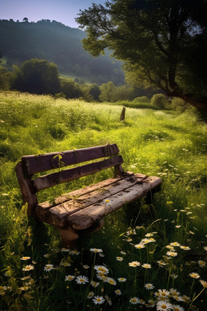 Bench on a meadow with daisies in the morning lightの素材