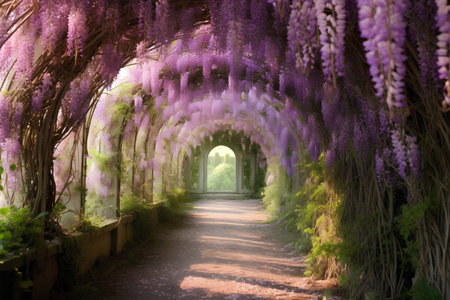 Wisteria tunnel in the park. The tunnel is decorated with purple wisteria flowers.の素材