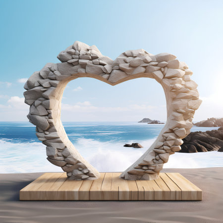 Stone heart on the beach. 3d render. Valentine's day conceptの素材