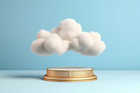 3D rendering of a pedestal with a white cloud on a blue backgroundの素材