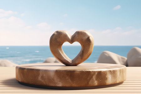 Wooden heart on a wooden podium on the beach. 3d renderの素材