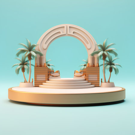 Round podium with palm trees and sandals on blue background. 3d renderの素材