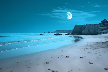 Beach and sea with moon in the sky. 3d renderの素材