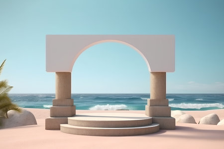 Podium on the beach, 3d render, square composition.の素材