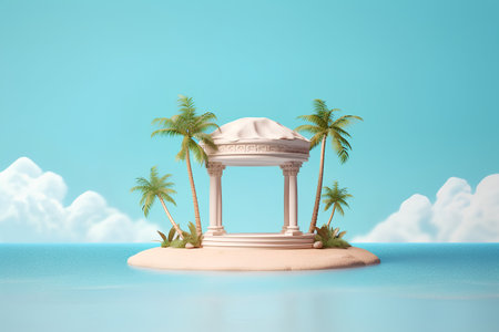 Stone gazebo with palm trees on a tropical island. 3d renderの素材