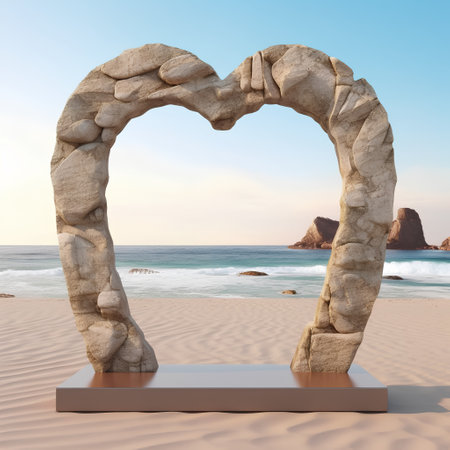 Stone arch in the shape of a heart on the beach. 3d renderの素材