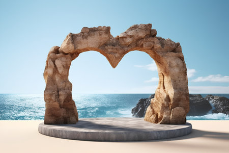 Stone arch on the beach, 3d render. Sea and sky backgroundの素材