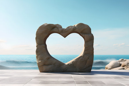 Stone heart on the sea background. 3D render. Concept of loveの素材