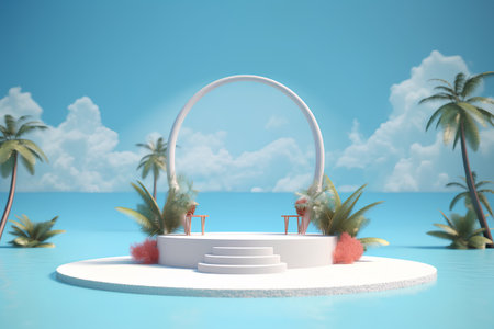3d render of podium with palm trees and arch on the sea backgroundの素材