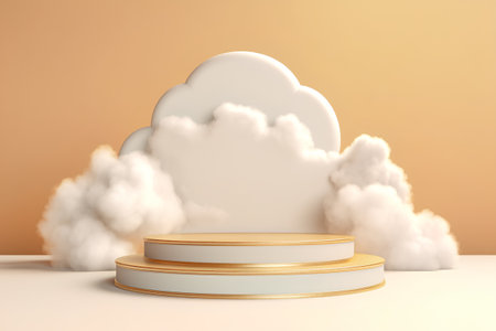 3d render, abstract minimal scene with podiums, cloud and sun.の素材