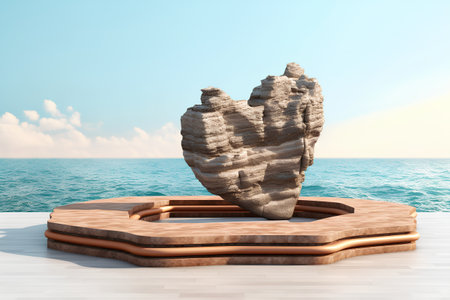 3D illustration of a rock in the form of a heart against the seaの素材