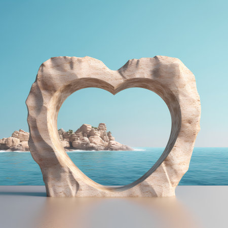 Heart shaped stone on the beach. 3d render. Concept of love.の素材