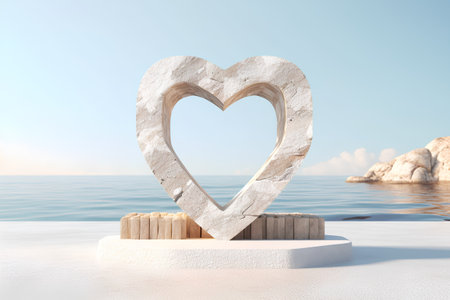 White stone heart on the beach. 3d render. Valentine's day concept.の素材