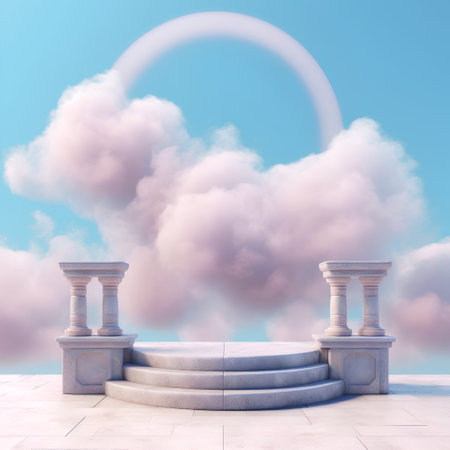 Podium in the sky with clouds and moon. 3D renderingの素材