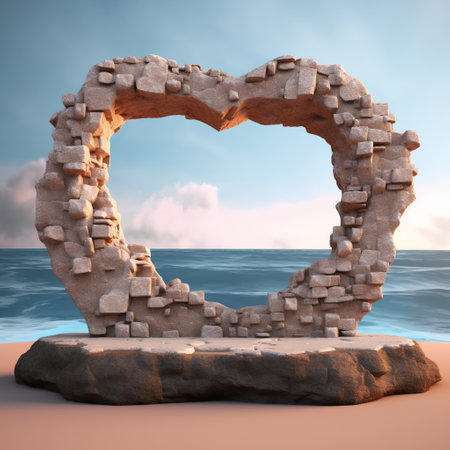 Stone heart on the beach. 3d render. Conceptual image.の素材