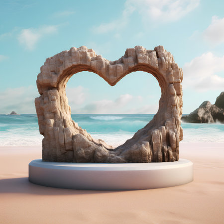 Heart shaped rock on the beach. 3D render. Valentines day concept.の素材
