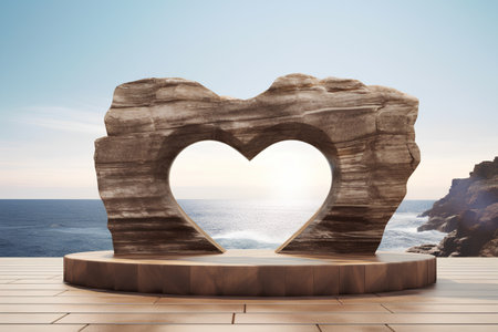 Wooden heart shape on the stone platform with ocean and sky backgroundの素材