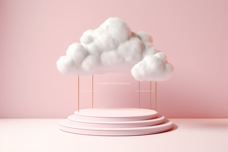 3d render, abstract minimal scene with white clouds, podiums on pink background.の素材
