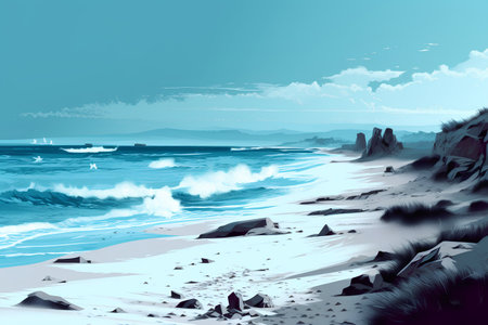 Seascape with rocks, ocean and blue sky. Vector illustrationの素材