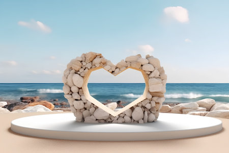3d render of heart shaped stone podium on the beach with sea and sky backgroundの素材