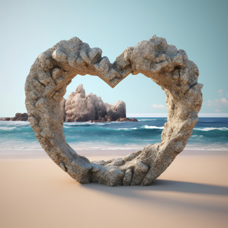 Heart shaped rock on the beach. 3d render. Conceptual image.の素材