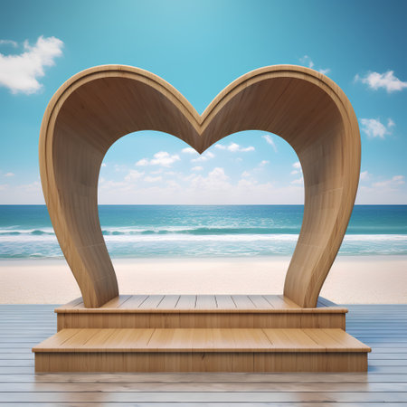 Wooden heart shape on the beach. 3d render concept of loveの素材