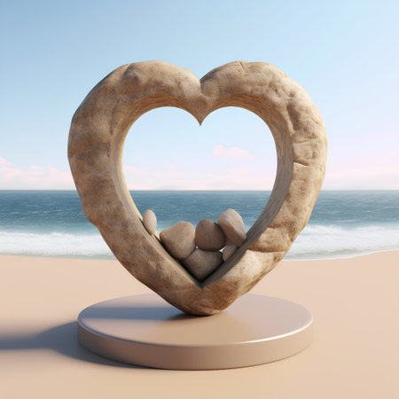 Stone heart on the beach background. 3d render. Love conceptの素材