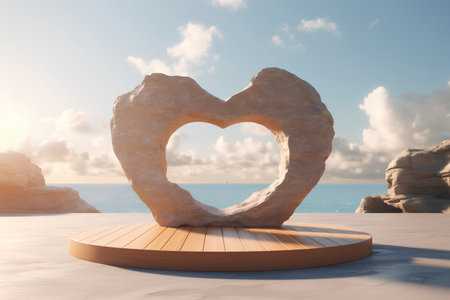 Stone heart on the beach. 3D render. Valentine's day concept.の素材