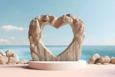 Heart shaped stone on the sea background. 3d render illustration.の素材