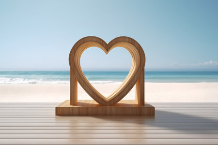 Wooden heart on the beach, 3d render, square imageの素材