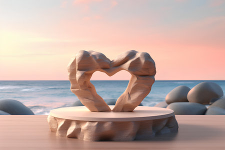 Heart shaped stone on wooden table with sea background. 3d renderの素材