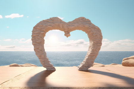 Heart shaped stone arch on wooden floor with sea and sky in backgroundの素材