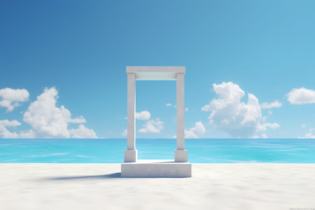 3d render of white arch on sandy beach with sea and sky backgroundの素材