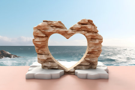 Heart shaped stone arch on the beach. 3d render illustration.の素材