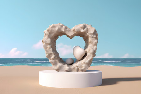 3d render of heart shaped stone on the beach with sky backgroundの素材